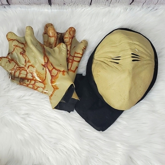 Spirit Other - Latex Faceless Whole Head Mask with Gloves - Fabric Cowl Neck Hair Cover Unisex